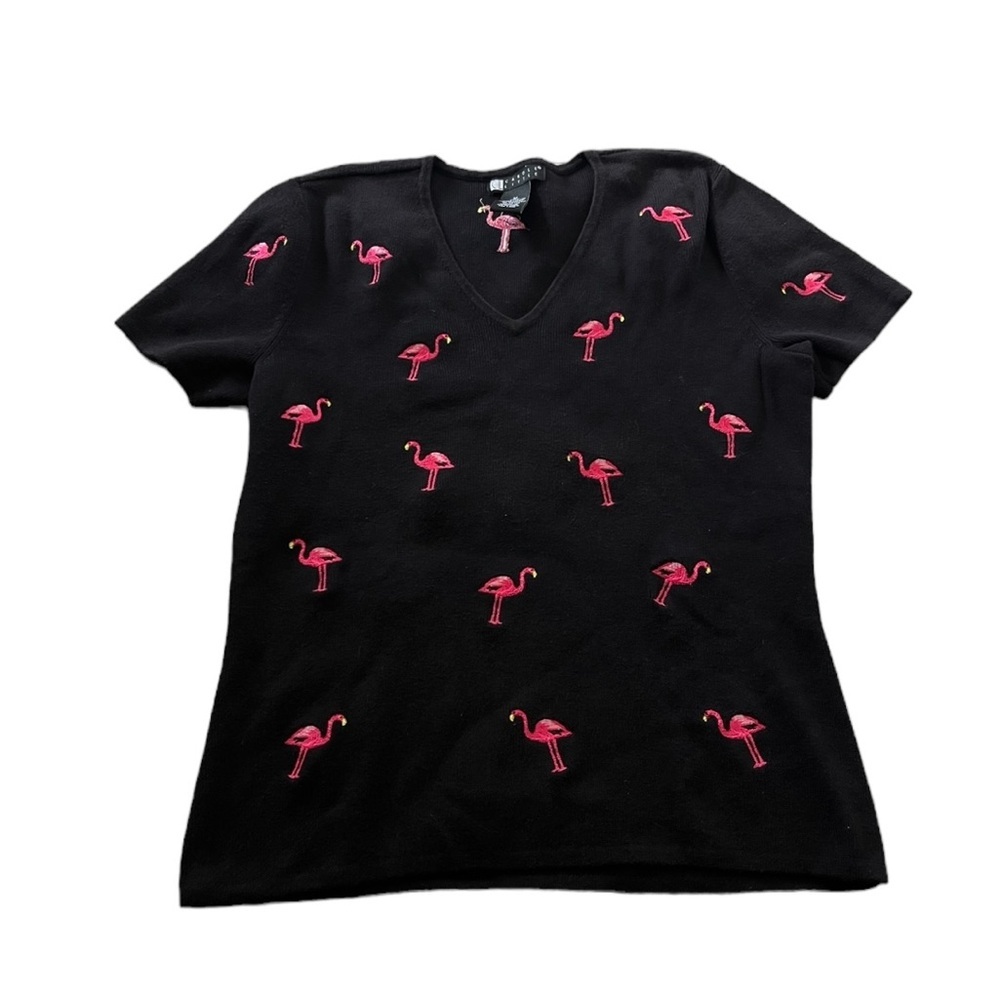 Vintage Y2K Carole Little Womens V-Neck Embroidered Flamingo Shirt Size Medium